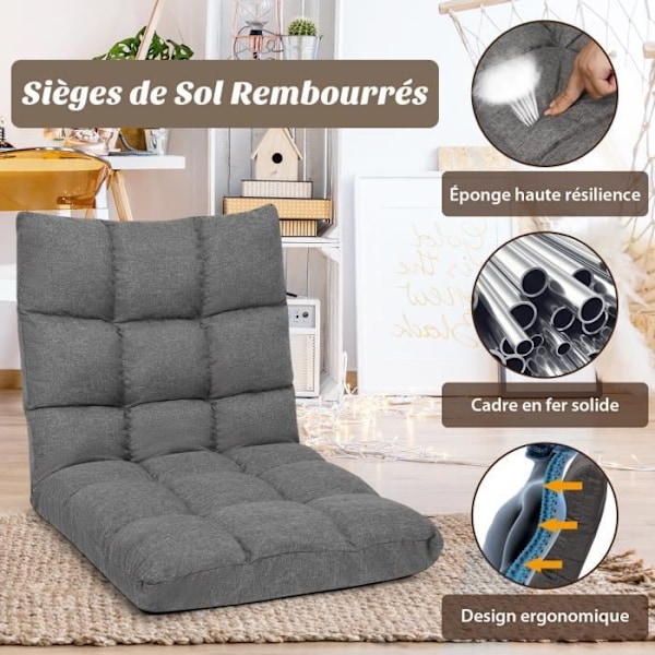 COSTWAY Foldbar Lazy Sofa, svampepolstret gulvstol, 14 positions tilbagelænet ryglæn, 106,5 x 55,5 x 10 cm, Grå