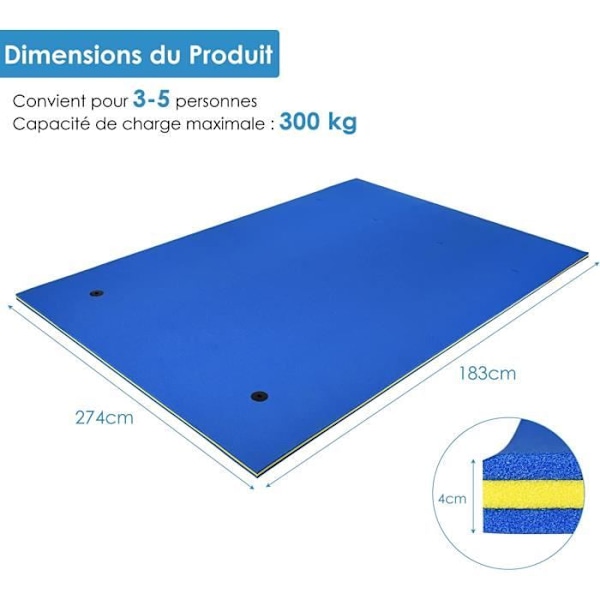 COSTWAY Flydende XPE Skum Tæppe 270x180CM 3 Lag med 3,5M Elastisk Fastgørelse Bærende Kapacitet 300KG til Swimmingpool Blå