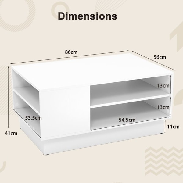 COSTWAY rektangulær sofabord, 2 åbne opbevaringshylder, moderne bord 86 x 56 x 41 cm, til stue, soveværelse, kontor, hvid Vit