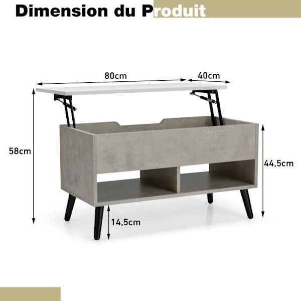 COSTWAY Soffbord med hiss Modernt vardagsrumsbord med dold förvaring 2 öppna fack 80x40x44,5-58CM Grå Grå