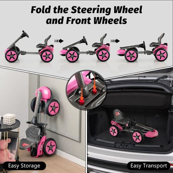 COSTWAY 12V/4,5Ah elektrisk gokart för barn med justerbar sits och ratt, långsam start, LED, mugghållare, 3-6 år, rosa Rosa