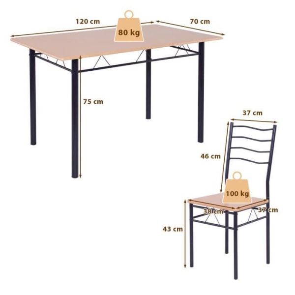 COSTWAY matbordsset 4 stolar Modern metallstomme, för kök, vardagsrum, enkel montering (bokfärg)