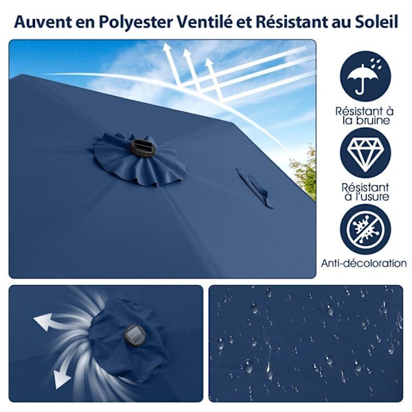 Solparasol 230 cm - 18 LED-lampor - COSTWAY - Lutning med tryckknapp och vev - Ventilerad blå duk Blå