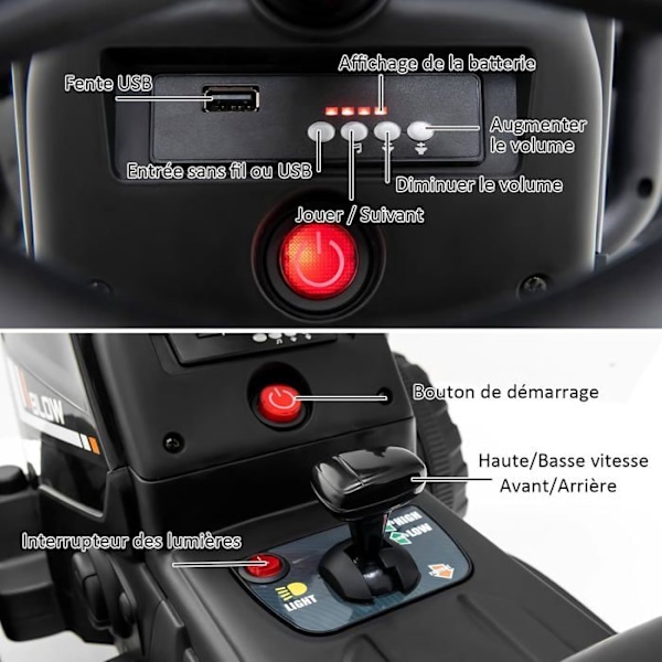 COSTWAY 12V lasten sähkötraktori 6 renkaalla - Kaivinkone, Irrotettava Perävaunu, LED, Musiikki - 2.4G Kaukosäädin, 3-8km/h, Musta Svart