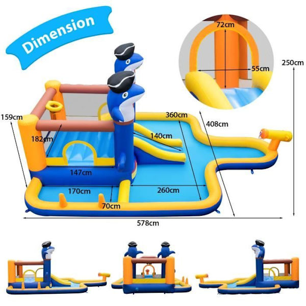 COSTWAY 7 i 1 hoppeborg-vandrutsjebanepark til børn, med swimmingpool og vandkanon, boksespil, 578 x 408 x 250 cm