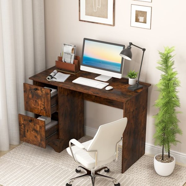 COSTWAY computerbord med 2 opbevaringsskuffer, 109 x 50 x 75 cm, enkelt og moderne brun