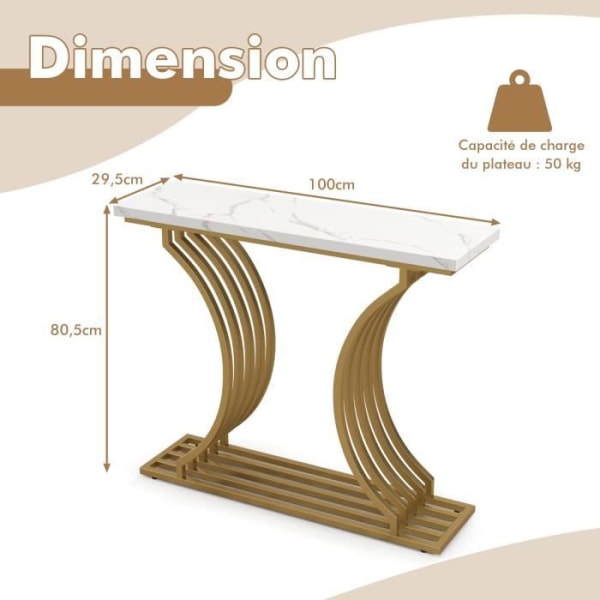 COSTWAY Marble Print -konsolipöytä - 100 x 29,5 x 80,5 cm (P x L x K) - Kultainen metallikehys - Moderni skandinaavinen tyyli GULD