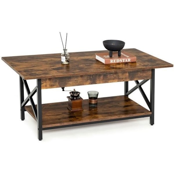 COSTWAY 2-trins sofabord, 110 x 60 x 48 CM, med X-formet metalstel, justerbare fødder, industriel stil, brun