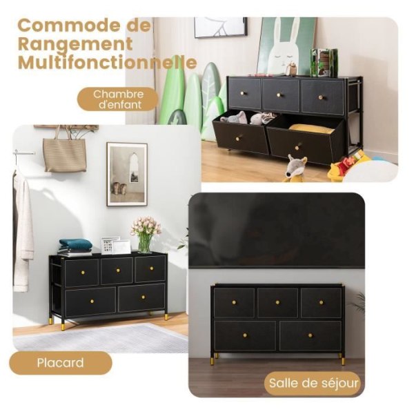 COSTWAY kommode - 5 foldbare stofskuffer, træhåndtag, metalramme, justerbare fødder - stue, soveværelse