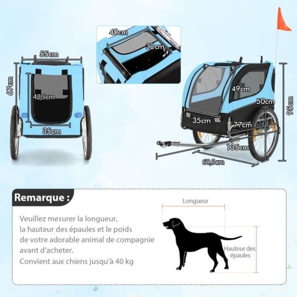 COSTWAY cykelvagn för husdjur upp till 40 kg med 50 cm hjul och taklucka för hundar/katter, blå