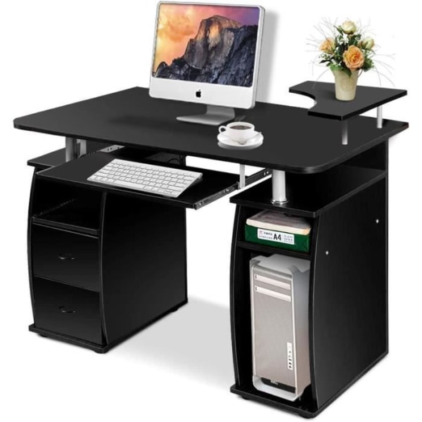 COSTWAY computerbord med printeropbevaring, 2 skuffer, skydetastatur, computerbord sort