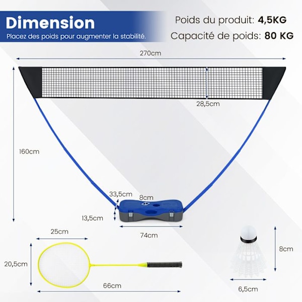 COSTWAY Portabelt badmintonset - Nät, 2 racketar, 2 fjäderbollar - 270 x 33,5 x 160 cm - Förvaringsväska - Metallrör - Blå
