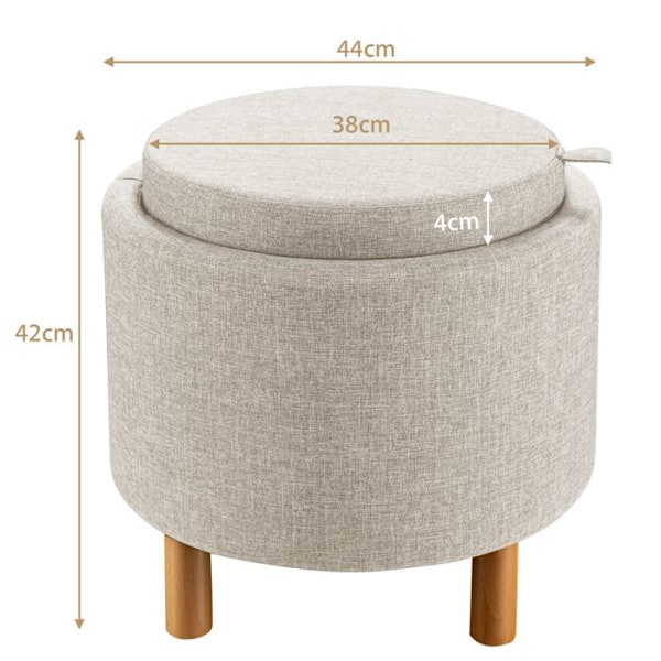 COSTWAY rund opbevaringspuf med bakke, PE stof, træfødder, skridsikre puder, til stue, soveværelse, 44×44×42 cm, beige