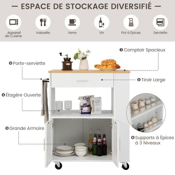 COSTWAY Kökö med Rullhjul (2 Låsbara) 82x46x92cm Kökö Med 3 Kryddburkar Vit Vit