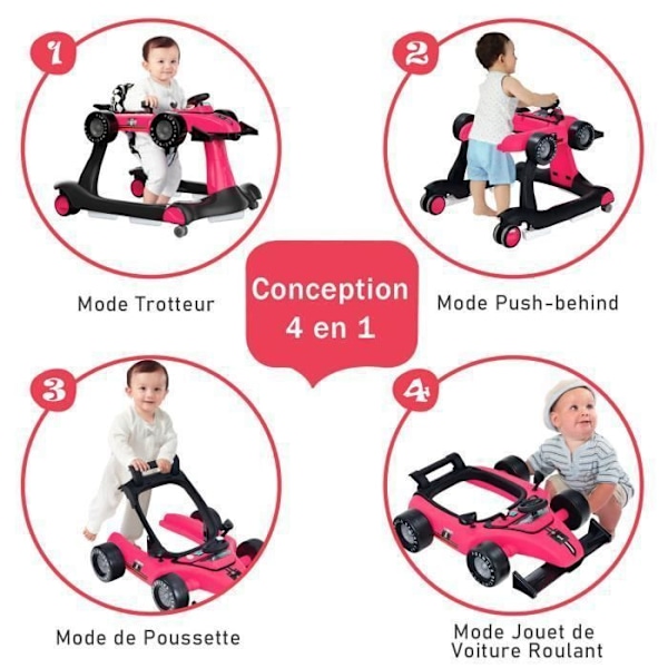 COSTWAY Foldable Musical Baby Walker 4 i 1 Push Car Utseende Justerbar höjd och hastighet Lätt ratt Rosa Röd rosa och rött