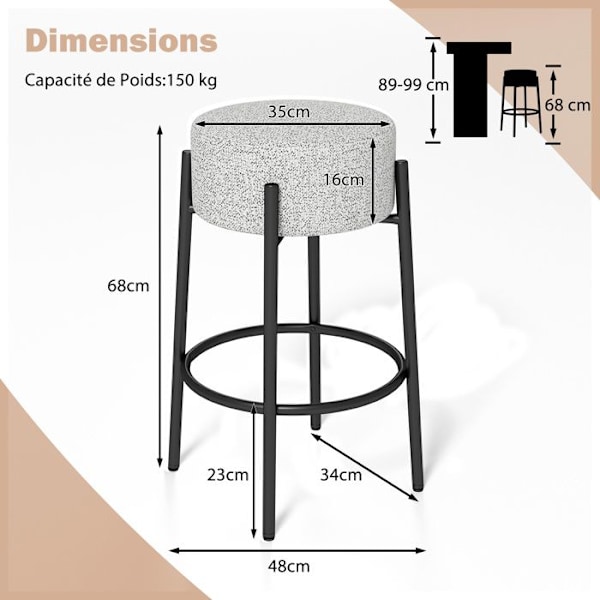 COSTWAY Moderne Barstol i Lin- Højde 68 cm, Metalramme, Comfort Sæde til Køkkenø, Spisestue, Grå