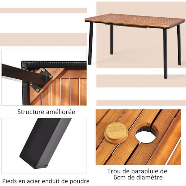 COSTWAY Trädgårdsbord i FSC Akaciaträ med Parasolhål, för 6-8 Personer, Utomhus Inomhus, 140x75x76CM Naturlig