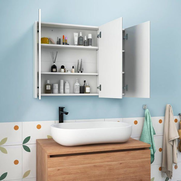 COSTWAY kylpyhuonekaappi peilillä ja 3 ovella 90x11x65 (LxLXK) CM WC-säilytysyksikkö seinäpeilillä