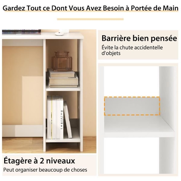 COSTWAY Modernt skrivbord med 2 hyllplan - 80 x 40 x 74 CM (L x B x H) MDF Vit högblank melaminfinish