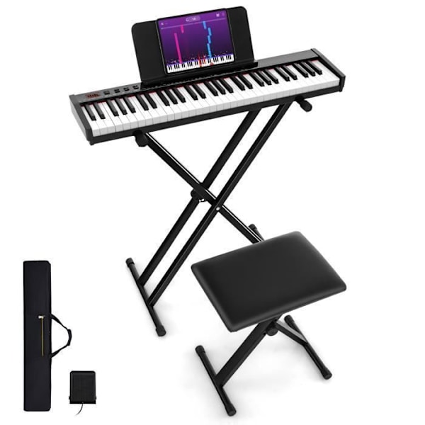COSTWAY bærbart elektrisk tastatur 61 taster med justerbart stativ Foldbart polstret bænkstativ Mikrofon Headset Audio Begynder