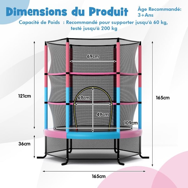 COSTWAY Have Trampoline til Børn Ø165CM, med Sikkerhedsnet, Fjedersupport og Stålstruktur, Macaron
