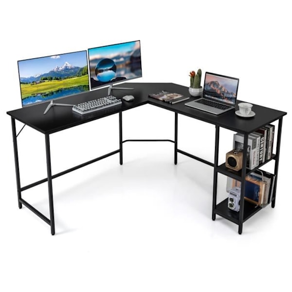 COSTWAY L-formet Computerhjørnebord 138 CM, Industrielt med Stålramme, 2-niveau Hylde, Sort