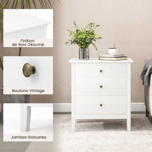 COSTWAY sengebord med 3 skuffer, 60,5 x 45,5 x 65,5 cm, sidebord til soveværelse, stue, kontor, hvid