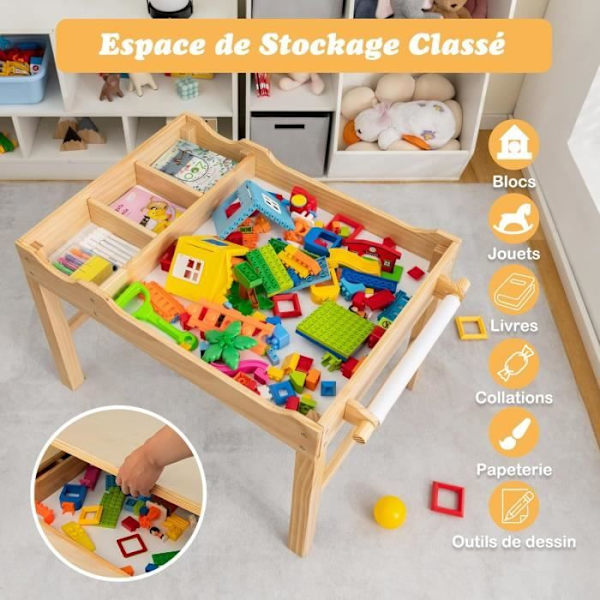 COSTWAY 2 i 1 børnebord med legoplader, skjult opbevaring, vendbar bakke med papirrulle til tegning i alderen 3+