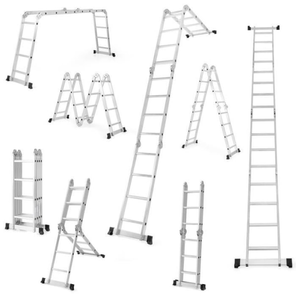 COSTWAY Teleskooppiset tikkaat 4,6 M 7 in 1 - Alumiiniseos - Kuorma 150 kg - 17 puolta - Liukumattomat askelmat - Jalkatuet Pengar