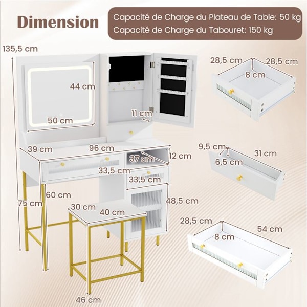 Ensemble Coiffeuse og Taburet COSTWAY, LED Spejl med 3 Farver, Laderenhed, Smykke Skab og 3 Skuffer, Ideel Gave Vit