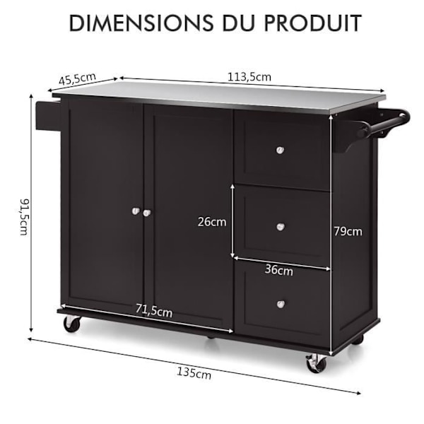 COSTWAY Köksvagn på hjul - Bricka i rostfritt stål. - Köksövagn - 3 lådor, 2 dörrar och kryddställ, kaffe