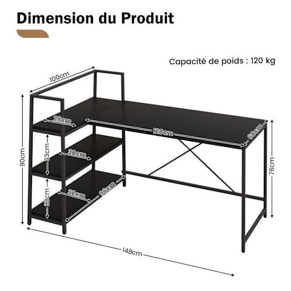 COSTWAY Hjørnecomputerbord 148 x 100 x 90 cm, med åbne opbevaringshylder, vendbar, max 120 kg, sort