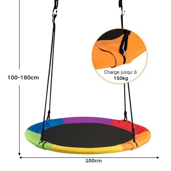 COSTWAY Rund Fuglerede Gynge 100 CM Børn til Udendørs Træ-Justerbare Reb 100-180 cm-150 KG-Flerfarvet