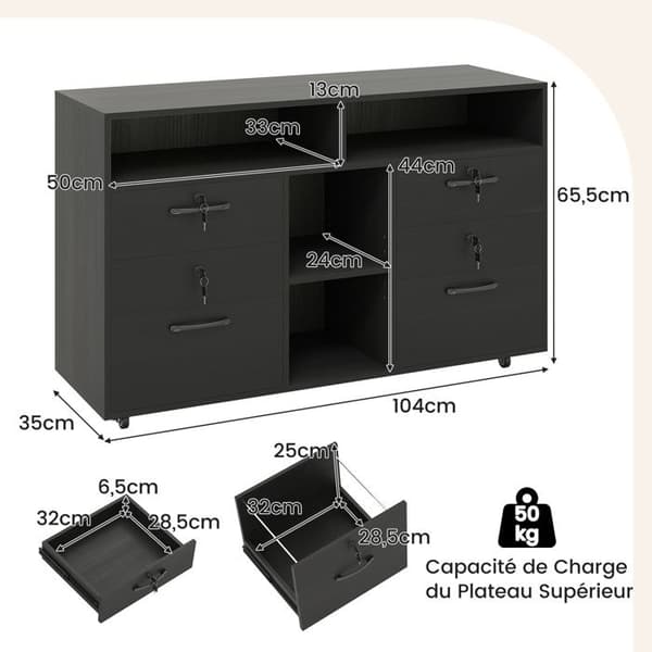COSTWAY Caisson til skrivebord med 4 låsbare skuffer, hængende filer til A4 brev, til printer, dokument sort