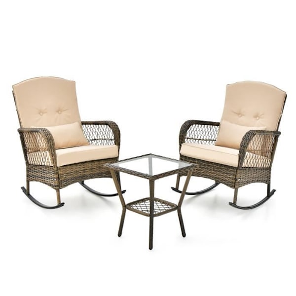 COSTWAY havemøbler, 2 PE rattan gyngestole og 1 hærdet glas sofabord, hynder inkluderet Blandat brunt, beige