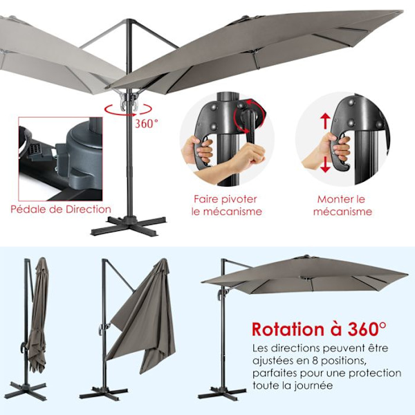 COSTWAY Parasol Deporter Inklinerbar 3x3M med Krydsbase 360° Rotation, Kranksystem, 8 Spiler, Ventilation til Have, Terasse Grå