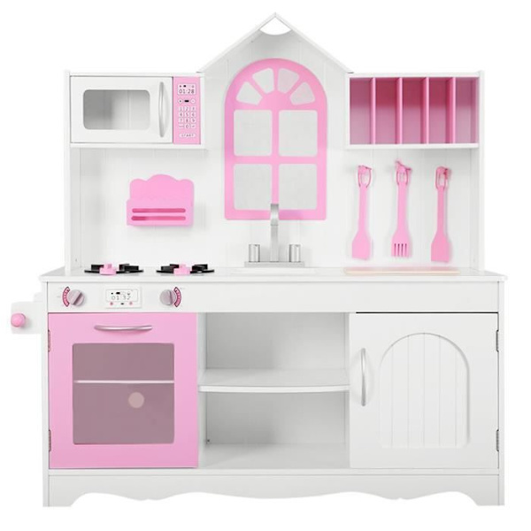 COSTWAY Barnkök Trämatplats med diskbänk, ugn, mikrovågsugn, spis, 3 spatlar, 109 x 32 x 106,5 cm Rosa Rosa, Vit