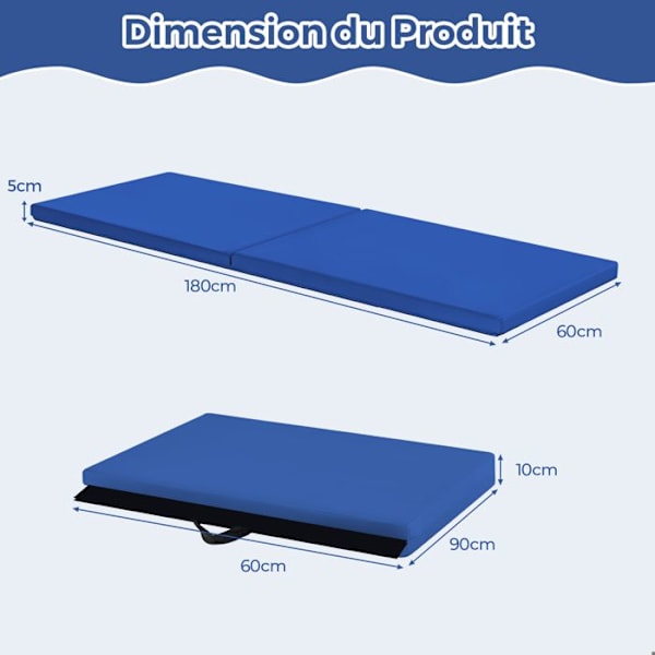 Fällbar Gymnastikmatta COSTWAY-180 x 60 x 3,8 cm-2 Delar med Handtag-Självhäftande-Fuktskyddad PU-Skum-Blå