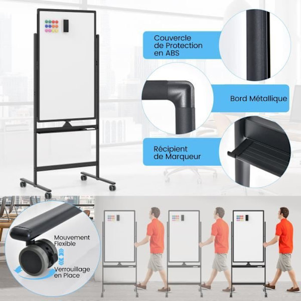 COSTWAY Magnetic Whiteboard 60 x 100 cm Dubbelsidig vändbar torrradering 2 justerbar höjd 4 mobila hjul Svart