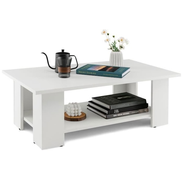 COSTWAY 2-lags træsofabord 90 x 52 x 32 cm med åben hylde, moderne stil til stue, soveværelse, hvid