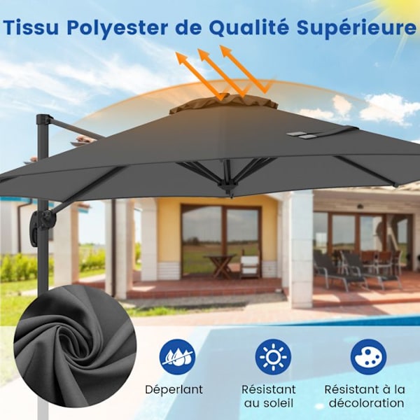COSTWAY Parasol Déporté 294x247cm - 360° Rotation - 5 Justerbara Lutningsvinklar - Korsbas - UV-skydd för Trädgård - Grå