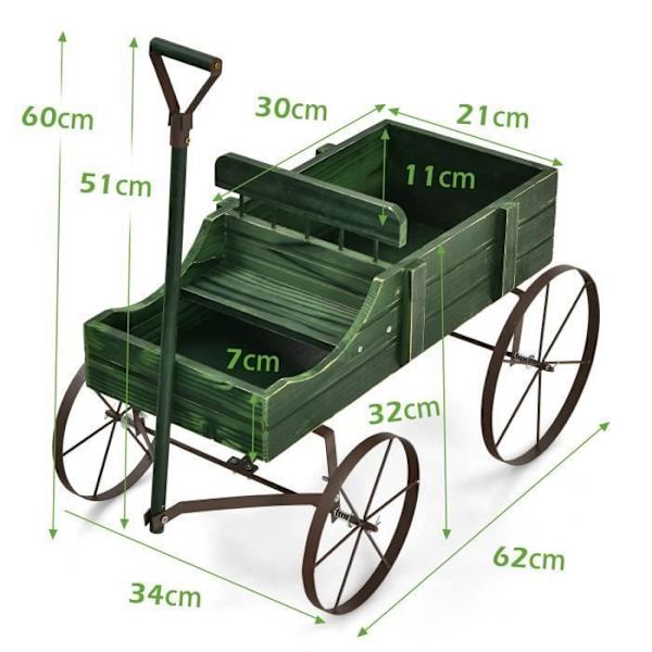 COSTWAY Havetrillebør i træ - 2 planterum - Metalhjul - Belastning 15 kg - Grøn