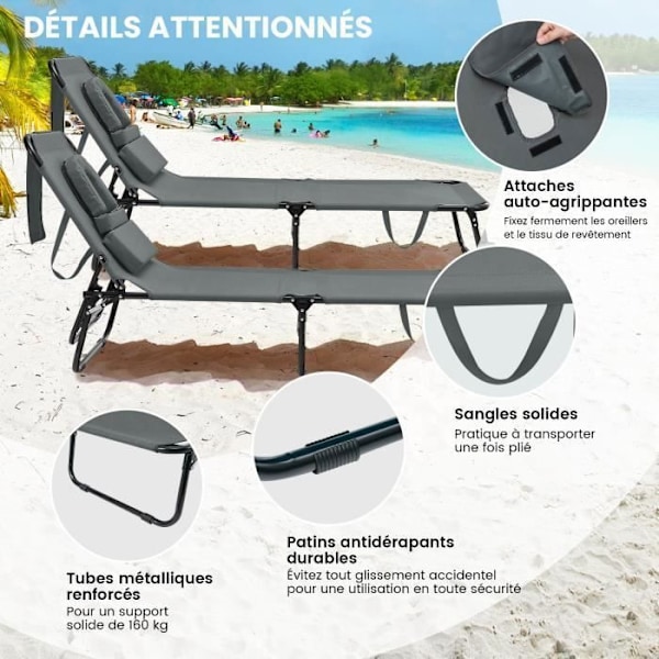 COSTWAY 5-positions justerbar foldbar loungestol - nakkestøtte og ansigtshule, til terrasse, camping, 160 kg, grå Grå