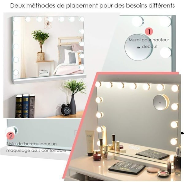 COSTWAY Hollywood Makeup Mirror - 15 lampor, 10x förstoringsglas, pekskärm, 3 dimningslägen, Smart Bluetooth, USB - 58x48CM