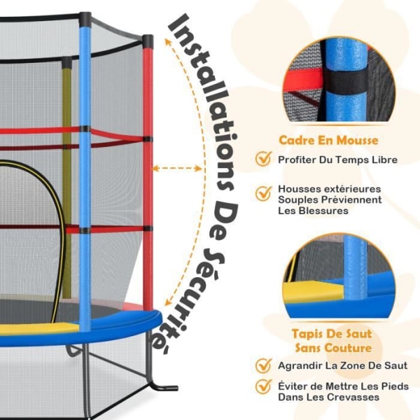 COSTWAY Barnstudsmatta Ø165×1,65H CM-Säkerhetsnät-Dörr med dragkedja-Fjädrar-6 Vadderade stolpar-Belastning 45 kg-Färgrik Flerfärgad