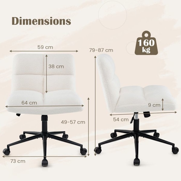 COSTWAY Vadderad kontorsstol på hjul utan armstöd, justerbar sitthöjd 49-57 cm, beige