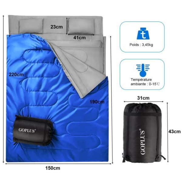 COSTWAY dubbelsovsäck 2 personer 220 x 150 cm med 2 kuddar och vattentät bärväska för campingvandring Blå