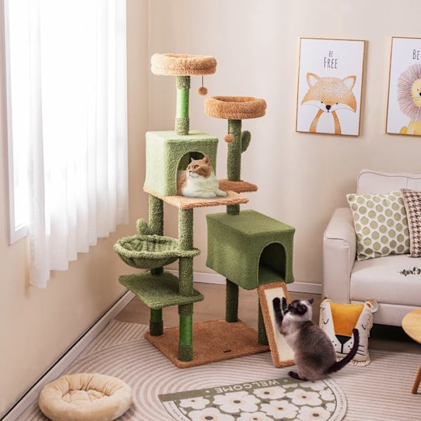 COSTWAY Cactus Cat Tree 63" Multi-Level, skrapstolpar, 2 lägenheter, vadderade sittpinnar, hängande leksaker, korg Färg: Grön + brun