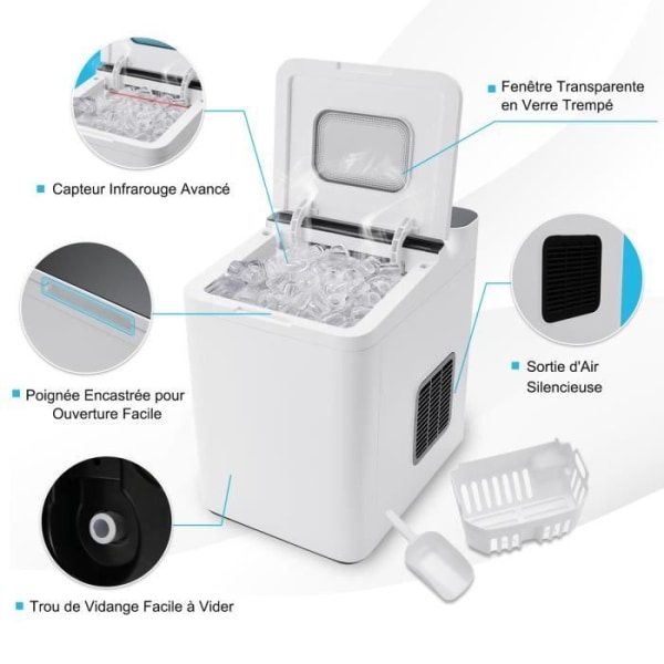COSTWAY Ice Maker 9 iskuber 15 kg/dag 6 minuters cykel Automatisk rengöring Touch Control Glaslock 1,5 L Vit