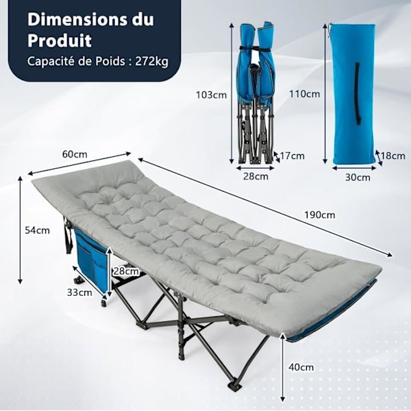 COSTWAY Velvet Camping Patja, 190 x 70 x 7 cm, 4 kiinnityshihnalla Sängyn kiinnitystasku, Matkavaellus, Harmaa